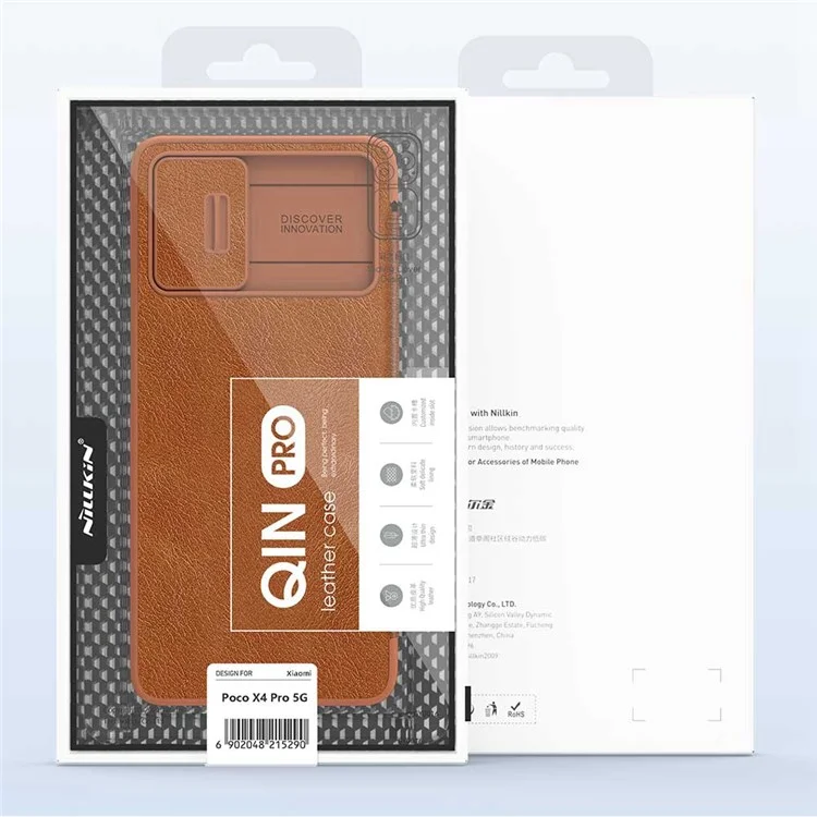 Serie Nillkin Qin Pro Per Xiaomi Poco X4 Pro 5G Card Porta Della Carta PU Flip Follio Custodia Con Copertura Scorrevole Della Fotocamera - Marrone