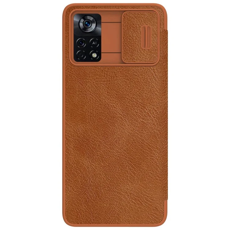Serie Nillkin Qin Pro Per Xiaomi Poco X4 Pro 5G Card Porta Della Carta PU Flip Follio Custodia Con Copertura Scorrevole Della Fotocamera - Marrone