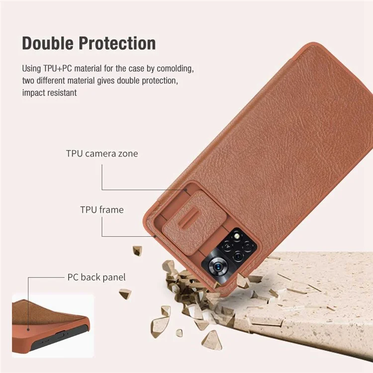 Serie Nillkin Qin Pro Per Xiaomi Poco X4 Pro 5G Card Porta Della Carta PU Flip Follio Custodia Con Copertura Scorrevole Della Fotocamera - Marrone
