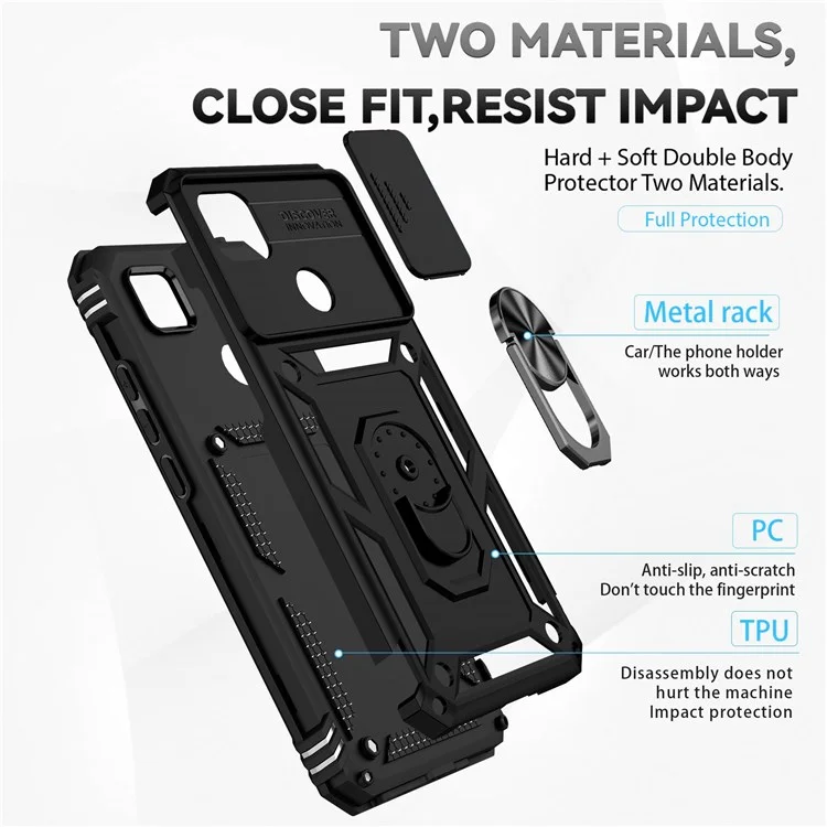 Für Xiaomi Redmi 10A/9C/9C NFC Kratzfeste Handyhülle mit Ringhalter, Ständer, Hybrid PC + TPU Handy-Schutzhülle mit Schiebe-Kameraabdeckung - Schwarz