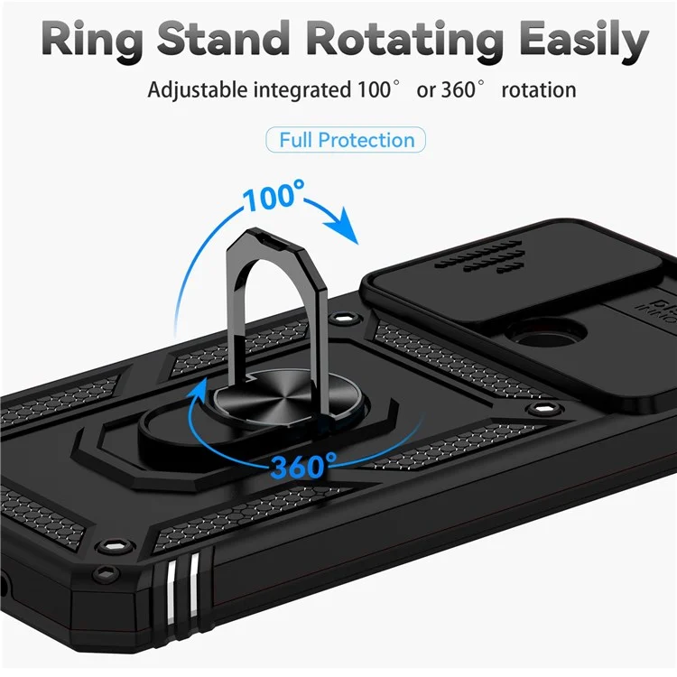 Für Xiaomi Redmi 10A/9C/9C NFC Kratzfeste Handyhülle mit Ringhalter, Ständer, Hybrid PC + TPU Handy-Schutzhülle mit Schiebe-Kameraabdeckung - Schwarz