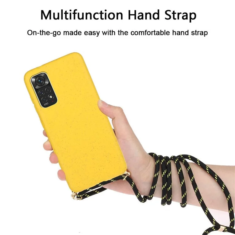For Xiaomi Redmi Note 11 4G (Qualcomm)/Note 11S 4G Light Slim Eco-Friendly Wheat Straw + Soft TPU Cell Phone Case with Adjustable Lanyard - Yellow