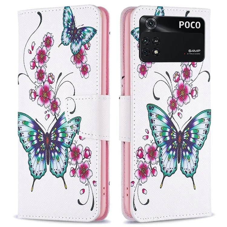 Série de impressão em couro BF Pattern-2 para Xiaomi Poco M4 Pro 4G, carteira dobrável com design antichoque e impressão de padrão de couro - Flor de pessegueiro e borboletas