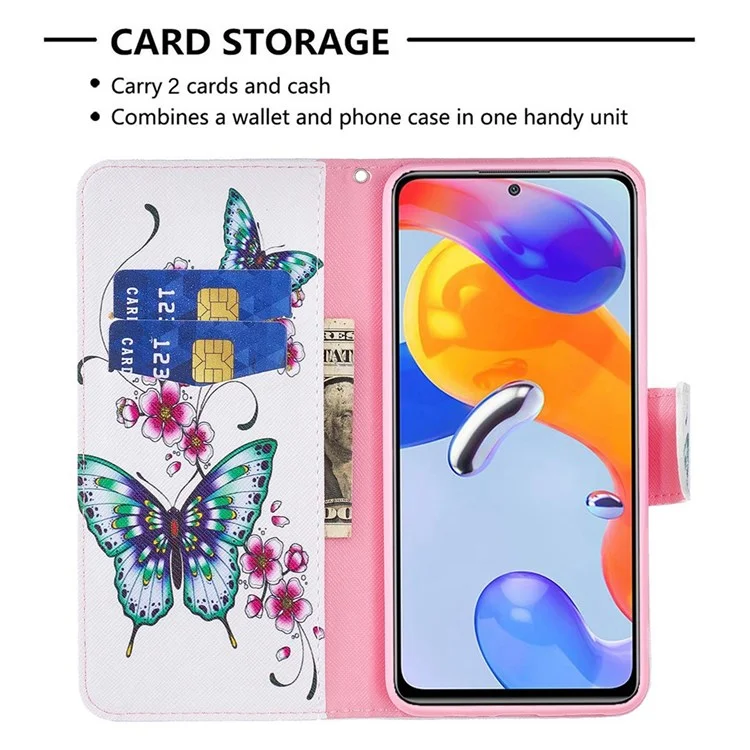 Série de impressão em couro BF Pattern-2 para Xiaomi Poco M4 Pro 4G, carteira dobrável com design antichoque e impressão de padrão de couro - Flor de pessegueiro e borboletas