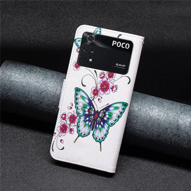 Série de impressão em couro BF Pattern-2 para Xiaomi Poco M4 Pro 4G, carteira dobrável com design antichoque e impressão de padrão de couro - Flor de pessegueiro e borboletas