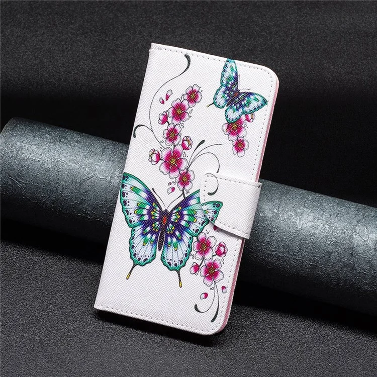 Série de impressão em couro BF Pattern-2 para Xiaomi Poco M4 Pro 4G, carteira dobrável com design antichoque e impressão de padrão de couro - Flor de pessegueiro e borboletas