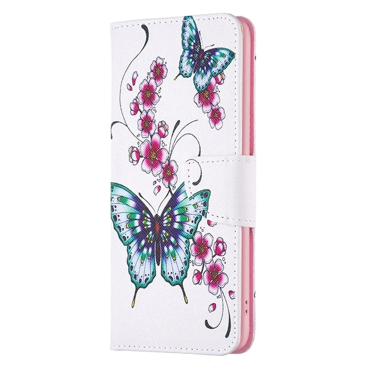 Série de impressão em couro BF Pattern-2 para Xiaomi Poco M4 Pro 4G, carteira dobrável com design antichoque e impressão de padrão de couro - Flor de pessegueiro e borboletas