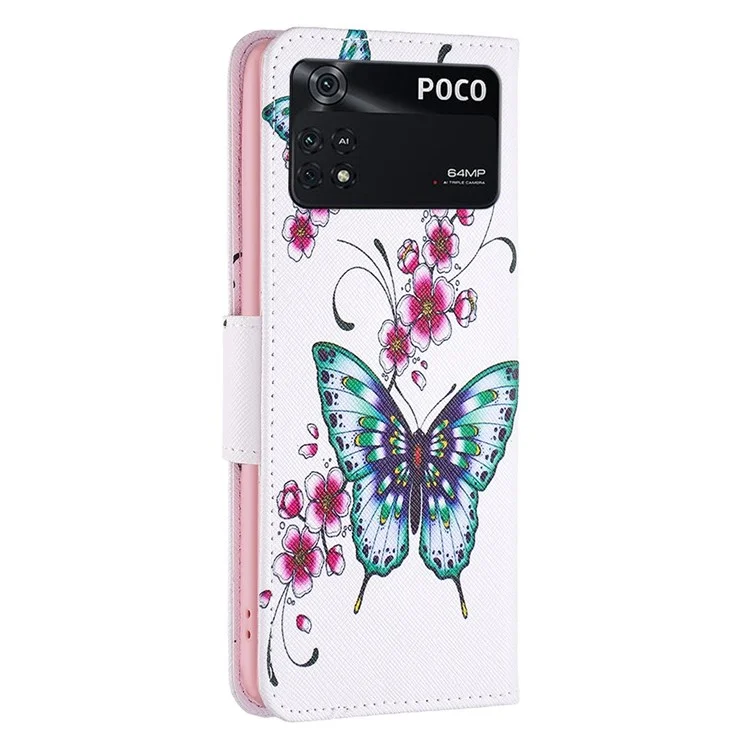 Série de impressão em couro BF Pattern-2 para Xiaomi Poco M4 Pro 4G, carteira dobrável com design antichoque e impressão de padrão de couro - Flor de pessegueiro e borboletas