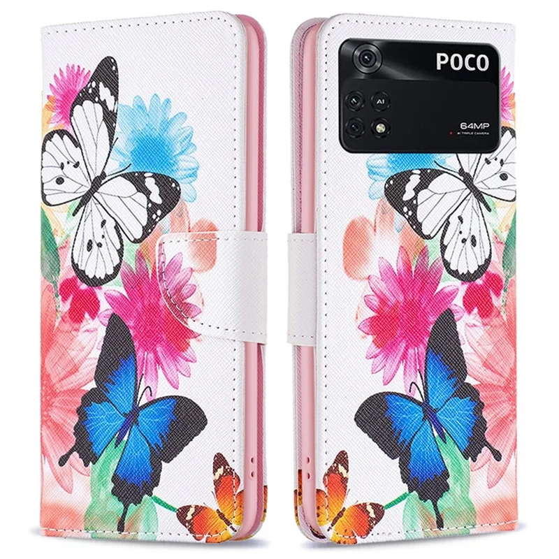 For Xiaomi Poco M4 Pro 4G Phone Case Pattern Printing PU Leather Wallet Stand Cover - Two Butterflies