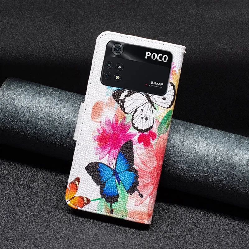 For Xiaomi Poco M4 Pro 4G Phone Case Pattern Printing PU Leather Wallet Stand Cover - Two Butterflies