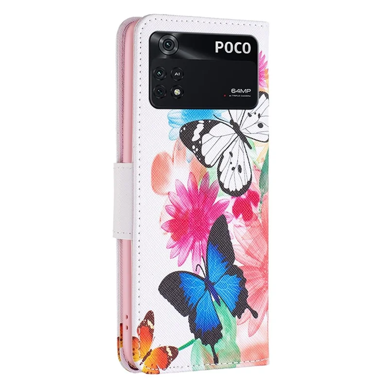 For Xiaomi Poco M4 Pro 4G Phone Case Pattern Printing PU Leather Wallet Stand Cover - Two Butterflies