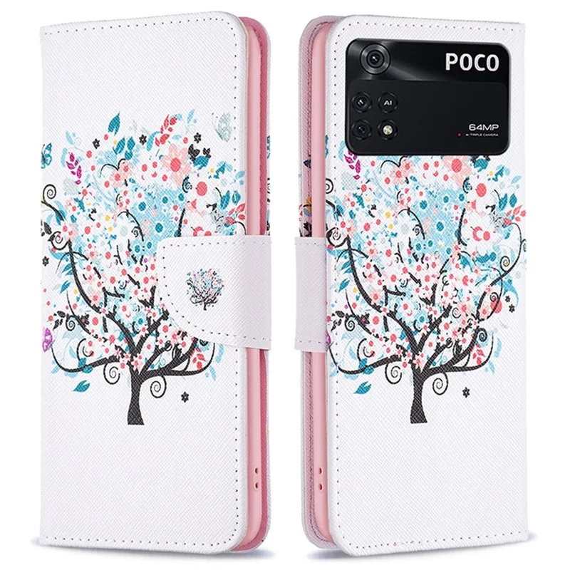 For Xiaomi Poco M4 Pro 4G Phone Case Pattern Printing PU Leather Wallet Stand Cover - Flower Tree
