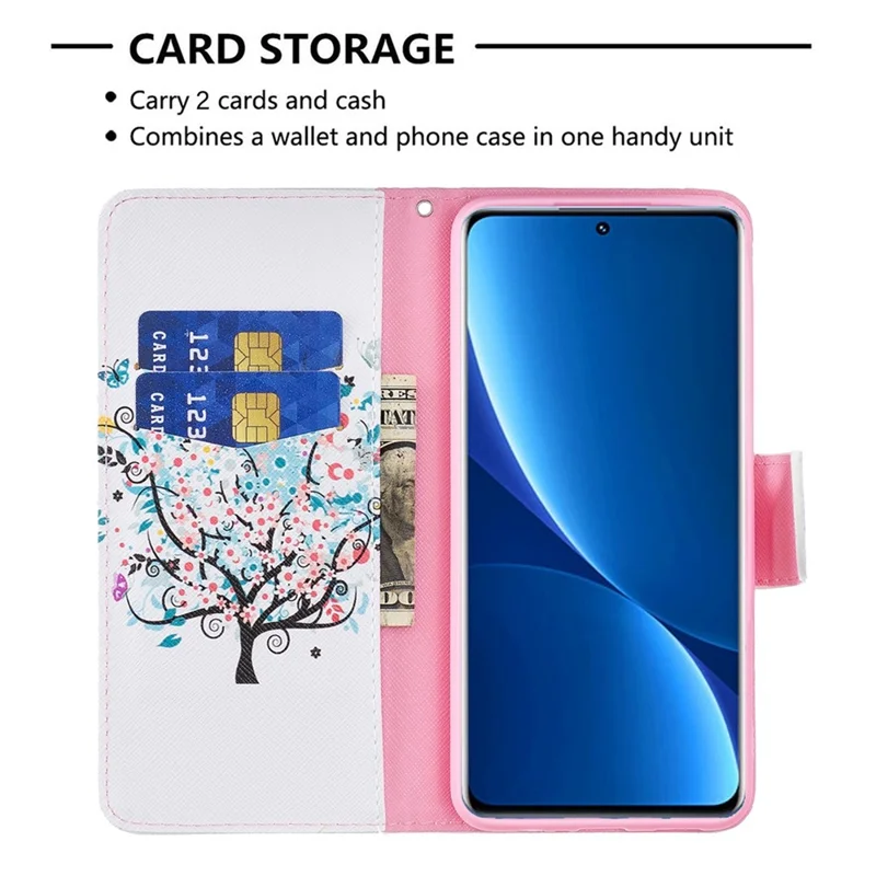 For Xiaomi Poco M4 Pro 4G Phone Case Pattern Printing PU Leather Wallet Stand Cover - Flower Tree