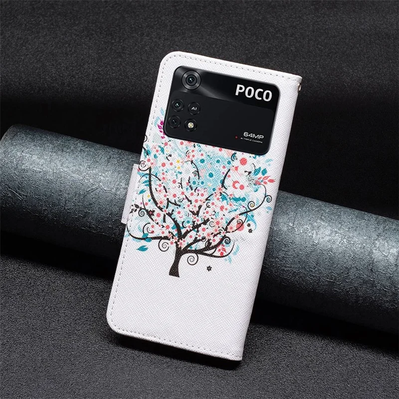 For Xiaomi Poco M4 Pro 4G Phone Case Pattern Printing PU Leather Wallet Stand Cover - Flower Tree
