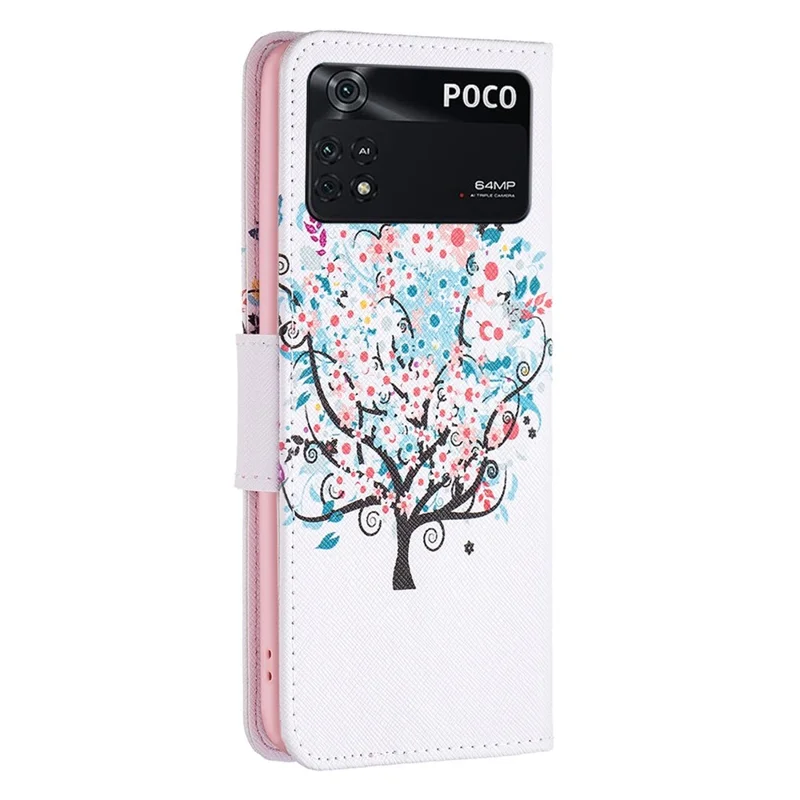 For Xiaomi Poco M4 Pro 4G Phone Case Pattern Printing PU Leather Wallet Stand Cover - Flower Tree