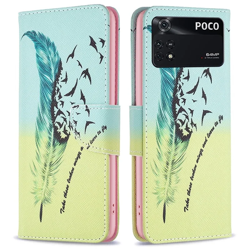 غطاء هاتف بطباعة نمط لـ Xiaomi Poco M4 Pro 4G، غطاء محفظة من جلد PU مع حامل - ريشة