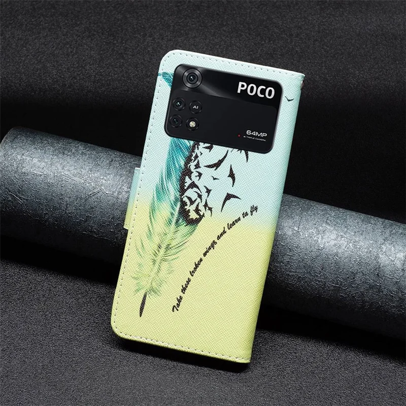 غطاء هاتف بطباعة نمط لـ Xiaomi Poco M4 Pro 4G، غطاء محفظة من جلد PU مع حامل - ريشة