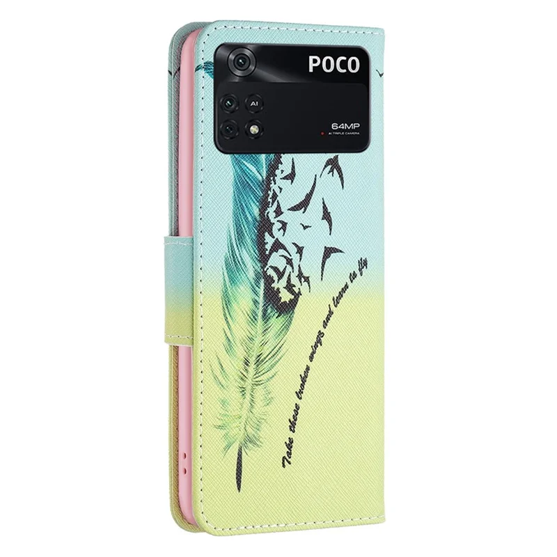 غطاء هاتف بطباعة نمط لـ Xiaomi Poco M4 Pro 4G، غطاء محفظة من جلد PU مع حامل - ريشة