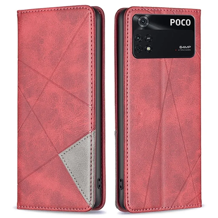 BF Imprinting Pattern Series-1 per Xiaomi Poco M4 Pro 4G Custodia per telefono in pelle PU con tasca per schede e motivo a rombi - Rosso