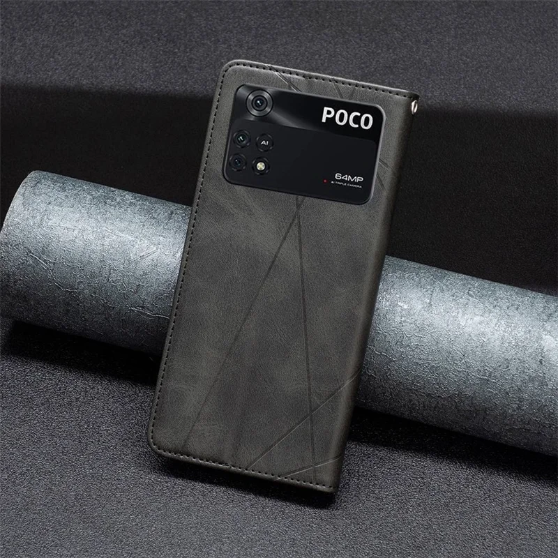 For Xiaomi Poco M4 Pro 4G Leather Case with Card Holder Imprinting Pattern Phone Stand Cover - Black