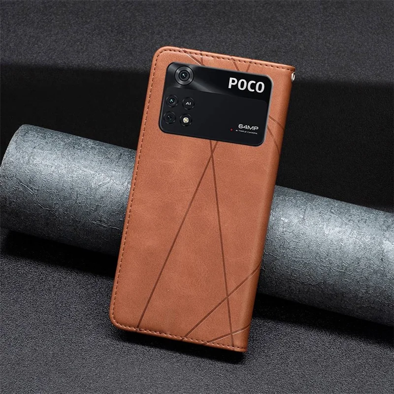 For Xiaomi Poco M4 Pro 4G Leather Case with Card Holder Imprinting Pattern Phone Stand Cover - Brown