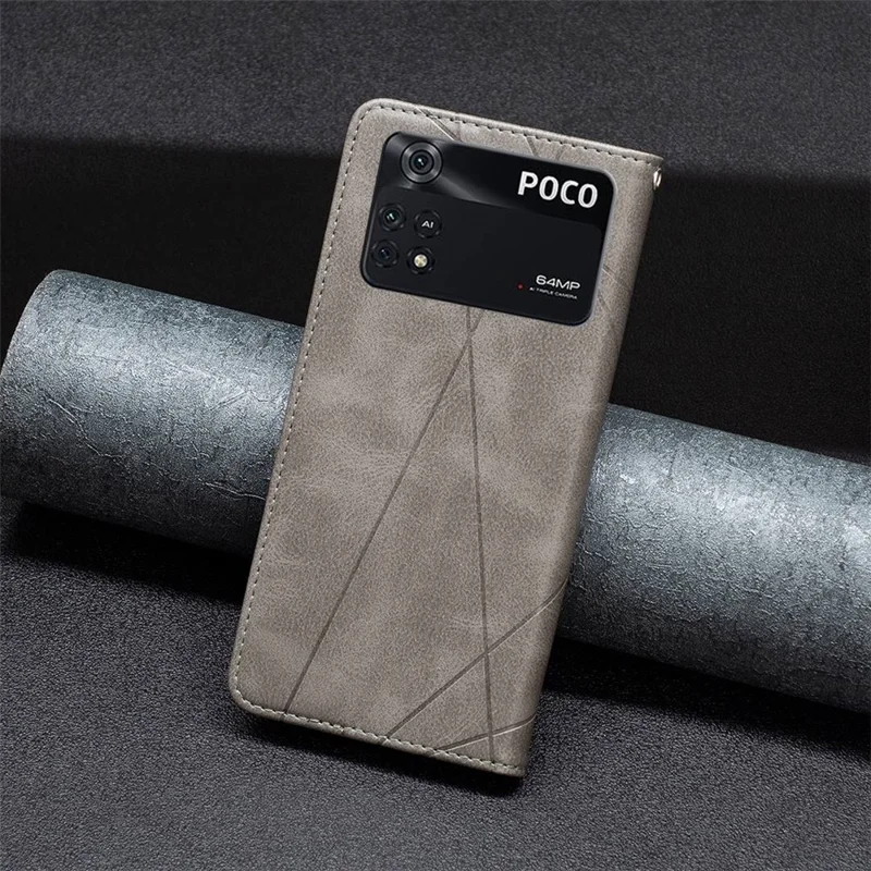 For Xiaomi Poco M4 Pro 4G Leather Case with Card Holder Imprinting Pattern Phone Stand Cover - Grey