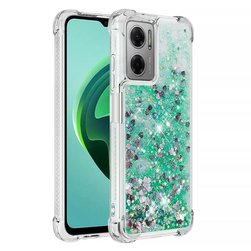 For Xiaomi Poco M4 5G / Redmi Note 11E 5G / 10 5G / 10 Prime+ 5G TPU Case Glitter Quicksand Shockproof Phone Back Cover - Green / Hearts