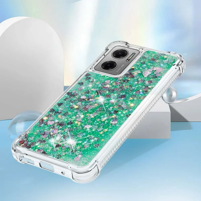 For Xiaomi Poco M4 5G / Redmi Note 11E 5G / 10 5G / 10 Prime+ 5G TPU Case Glitter Quicksand Shockproof Phone Back Cover - Green / Hearts