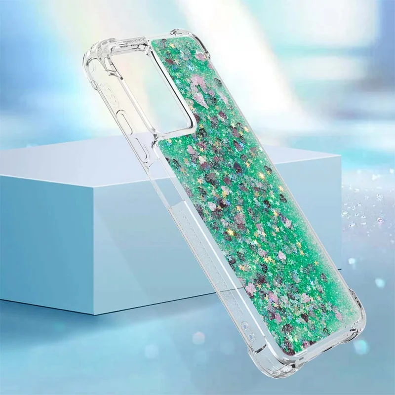 For Xiaomi Poco M4 5G / Redmi Note 11E 5G / 10 5G / 10 Prime+ 5G TPU Case Glitter Quicksand Shockproof Phone Back Cover - Green / Hearts
