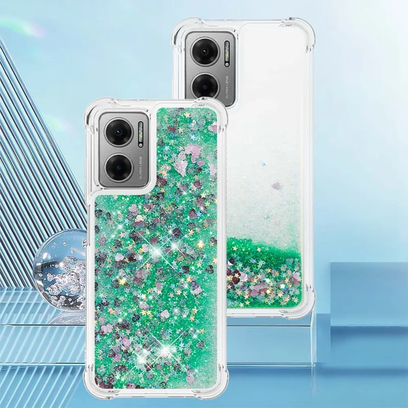 For Xiaomi Poco M4 5G / Redmi Note 11E 5G / 10 5G / 10 Prime+ 5G TPU Case Glitter Quicksand Shockproof Phone Back Cover - Green / Hearts