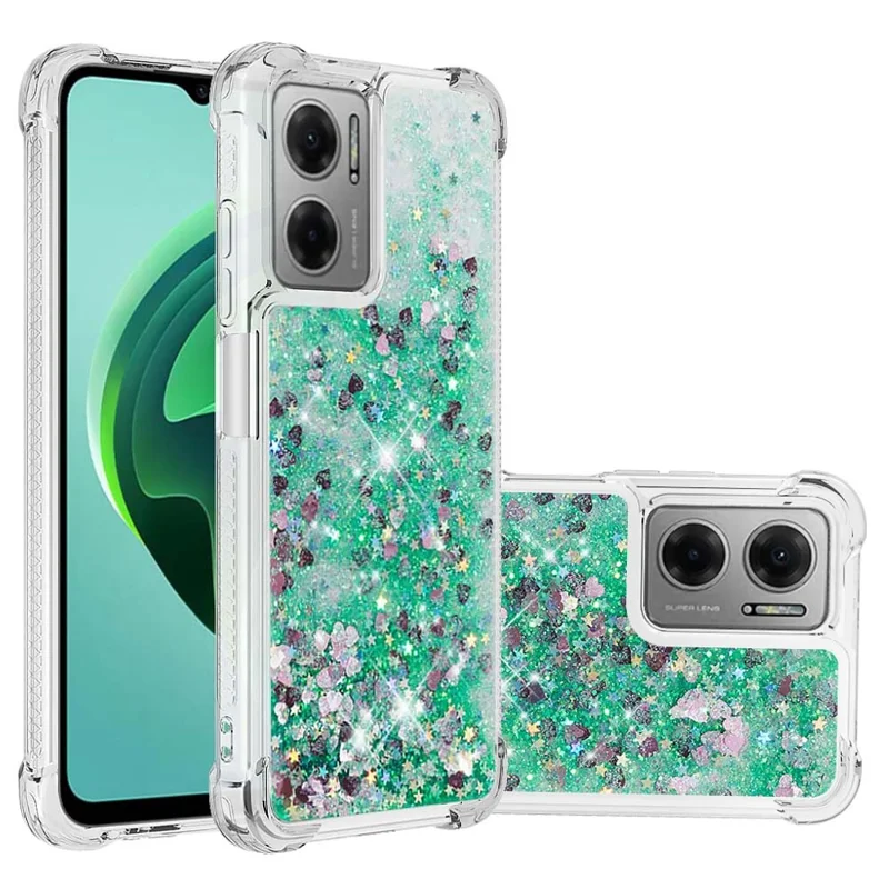 For Xiaomi Poco M4 5G / Redmi Note 11E 5G / 10 5G / 10 Prime+ 5G TPU Case Glitter Quicksand Shockproof Phone Back Cover - Green / Hearts