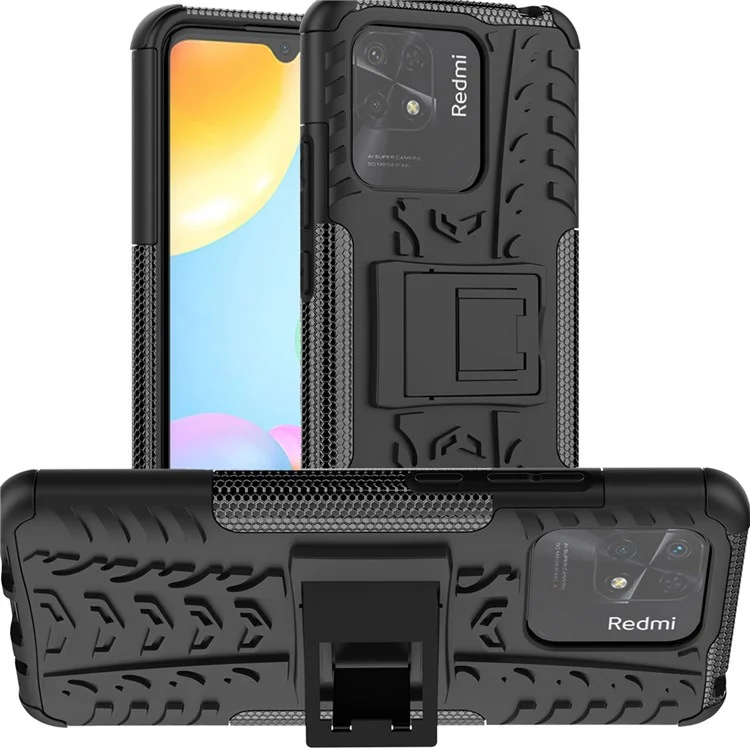 Para Xiaomi Redmi 10C Capa Híbrida de Impacto com Capa Rígida de PC + Capa Flexível de TPU Estilo de Pneus Antiderrapante com Suporte - Preta