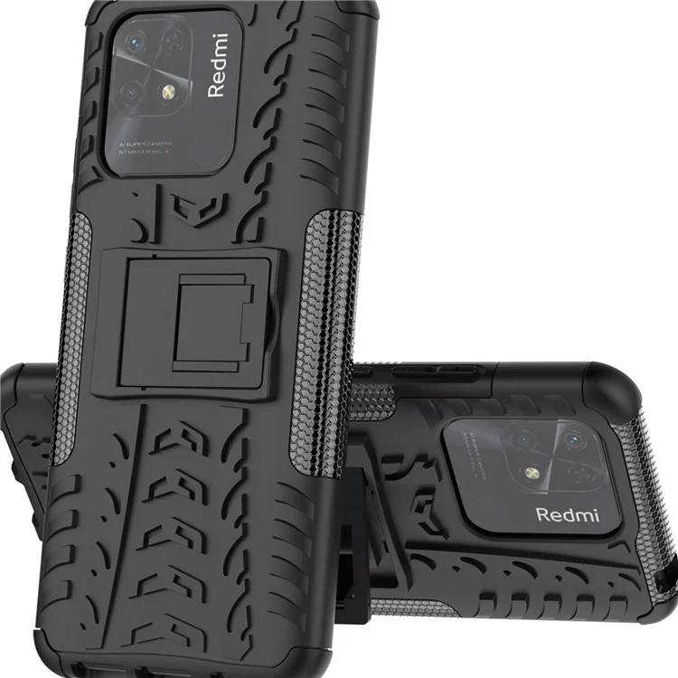 Para Xiaomi Redmi 10C Capa Híbrida de Impacto com Capa Rígida de PC + Capa Flexível de TPU Estilo de Pneus Antiderrapante com Suporte - Preta