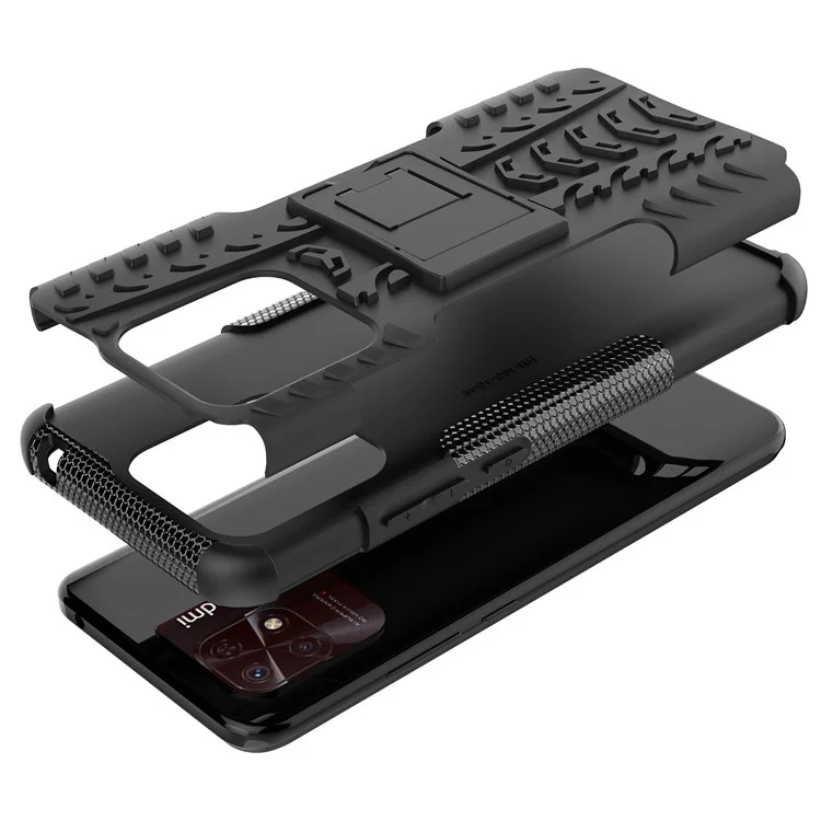 Para Xiaomi Redmi 10C Capa Híbrida de Impacto com Capa Rígida de PC + Capa Flexível de TPU Estilo de Pneus Antiderrapante com Suporte - Preta