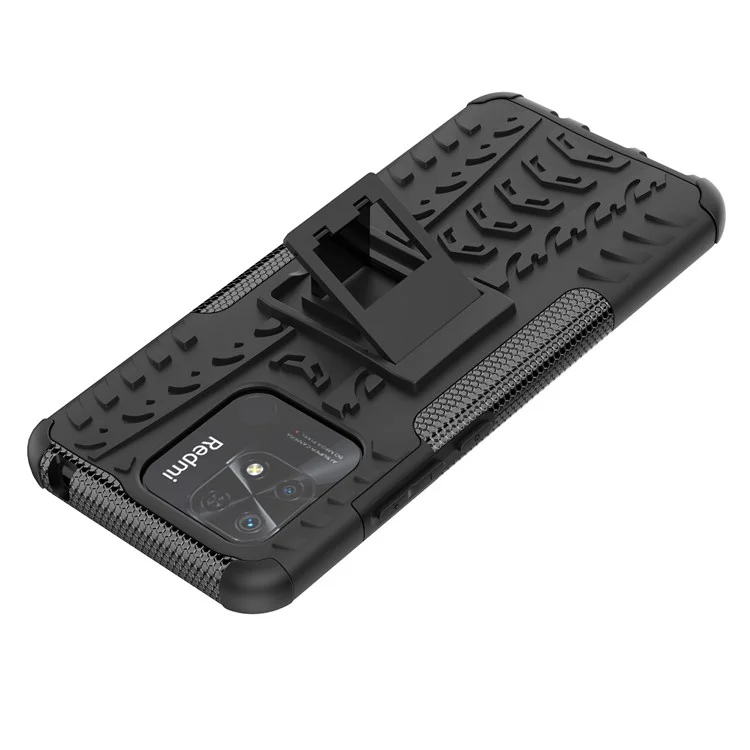 Para Xiaomi Redmi 10C Capa Híbrida de Impacto com Capa Rígida de PC + Capa Flexível de TPU Estilo de Pneus Antiderrapante com Suporte - Preta