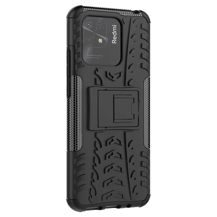 For Xiaomi Redmi 10C Hard PC + Soft TPU Cool Case Tires Style Non-Slip Kickstand Hybrid Impact Cover - Black