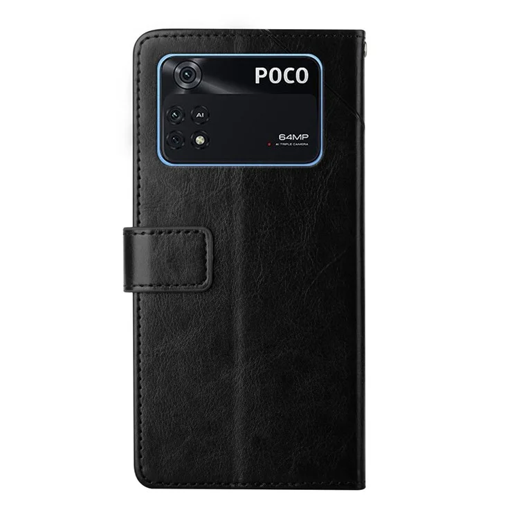 Concha de Teléfono de Cuero HT01 PU Para Xiaomi Poco M4 Pro 4G, Líneas en Forma de y Imprenta la Cubierta Del Teléfono de la Billetera - Negro