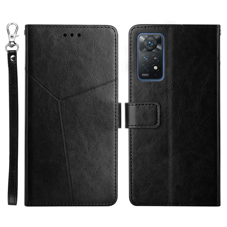 For Xiaomi Redmi Note 12 Pro 4G / 11 Pro 4G (MediaTek) / Note 11 Pro 5G (Qualcomm) PU Leather Phone Case Imprinted Y-Shaped Lines Wallet Viewing Stand Magnetic Cover with Strap - Black