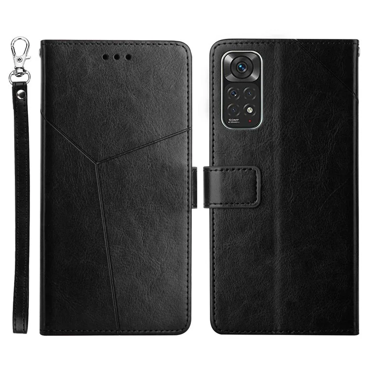 For Xiaomi Redmi Note 11 4G (Qualcomm)/Redmi Note 11S 4G PU Leather Imprinted Y-Shaped Lines Cover Stand Wallet All-Inclusive Protective Case with Strap - Black