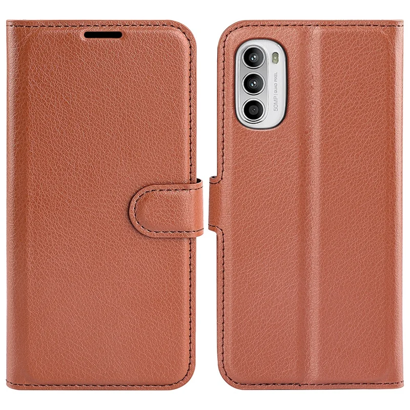For Motorola Moto G52 4G / G82 5G Litchi Texture Phone Case PU Leather+TPU Viewing Stand Wallet Protective Phone Cover - Brown
