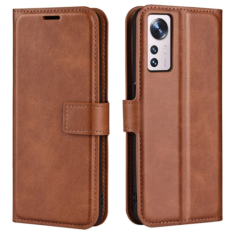 For Xiaomi 12 Lite Textured PU Leather Cover Stand Function Magnetic Closure Book Style Flip Wallet Case - Light Brown