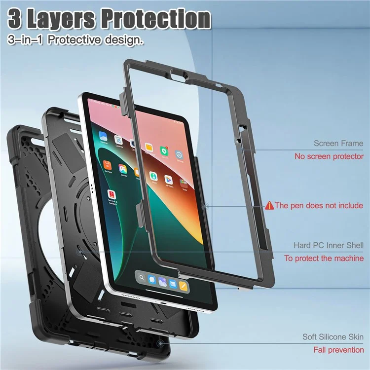 Para Xiaomi Pad 5 / Pad 5 Pro 11" Funda Protectora de Tablet con PC + Silicona Antideslizante y Antichoque, con Soporte Giratorio y Agarre - Negro