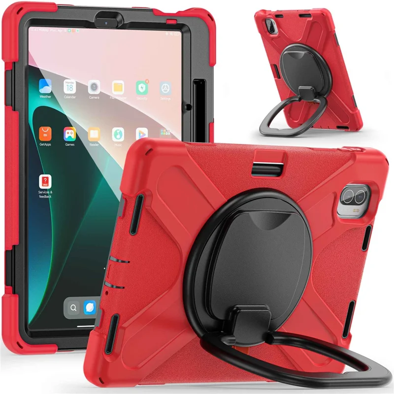 For Xiaomi Pad 5 / Pad 5 Pro 11" PC + Silicone Anti-drop Tablet Case Shockproof Cover with Hand Grip Rotary Kickstand - Red