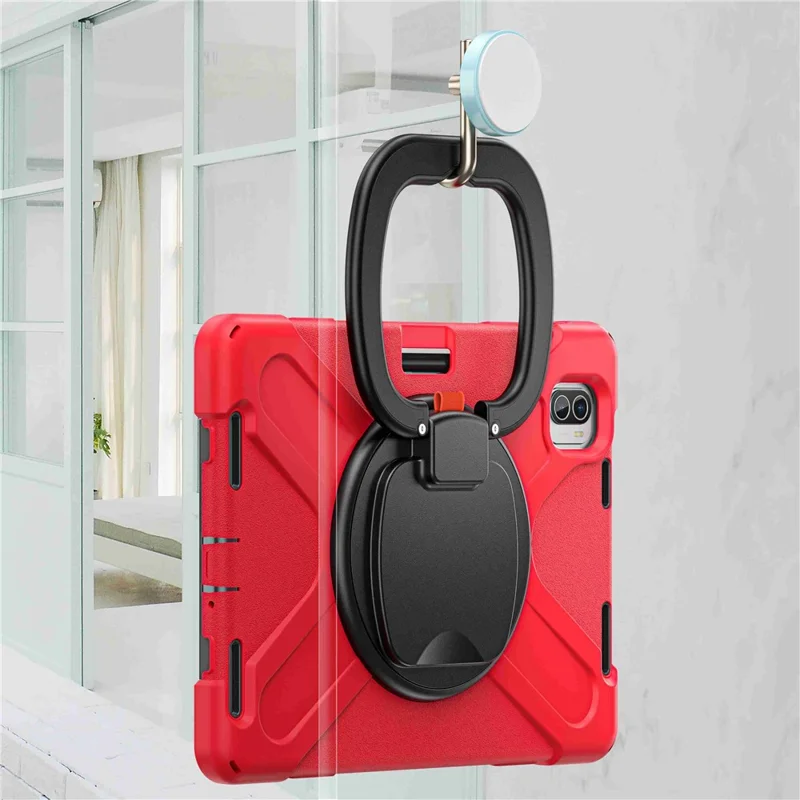 For Xiaomi Pad 5 / Pad 5 Pro 11" PC + Silicone Anti-drop Tablet Case Shockproof Cover with Hand Grip Rotary Kickstand - Red
