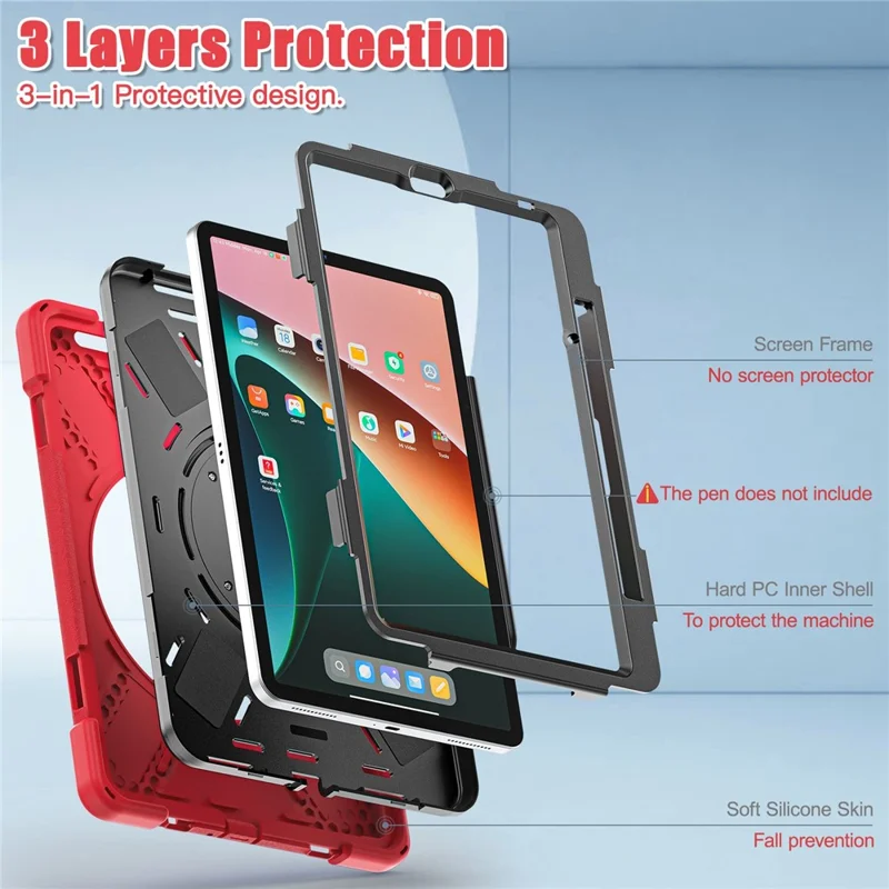 For Xiaomi Pad 5 / Pad 5 Pro 11" PC + Silicone Anti-drop Tablet Case Shockproof Cover with Hand Grip Rotary Kickstand - Red
