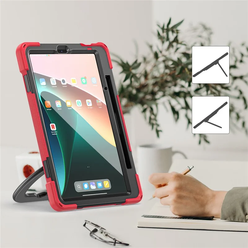 For Xiaomi Pad 5 / Pad 5 Pro 11" PC + Silicone Anti-drop Tablet Case Shockproof Cover with Hand Grip Rotary Kickstand - Red