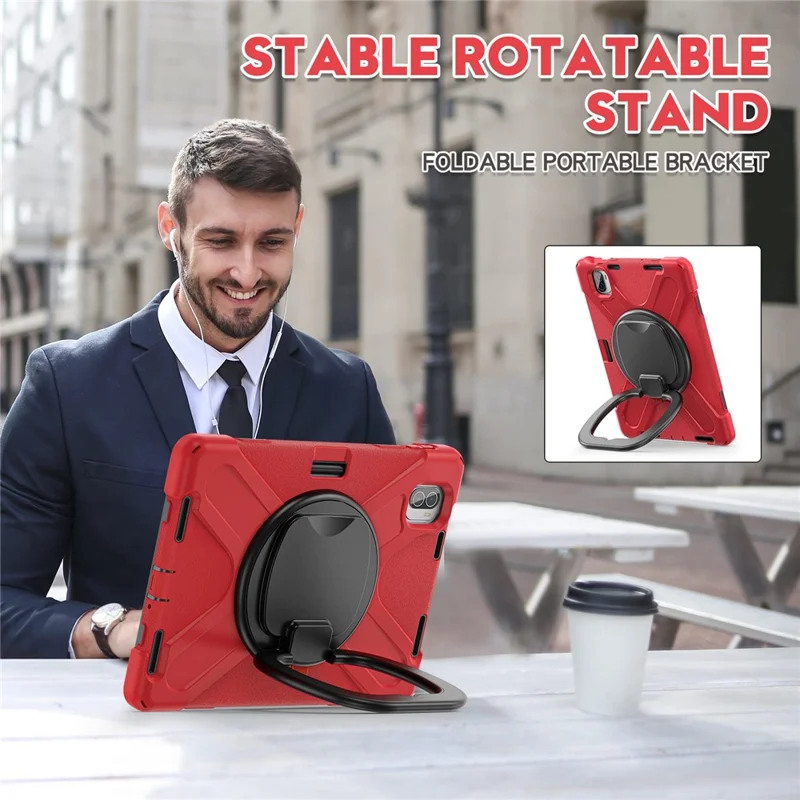 For Xiaomi Pad 5 / Pad 5 Pro 11" PC + Silicone Anti-drop Tablet Case Shockproof Cover with Hand Grip Rotary Kickstand - Red