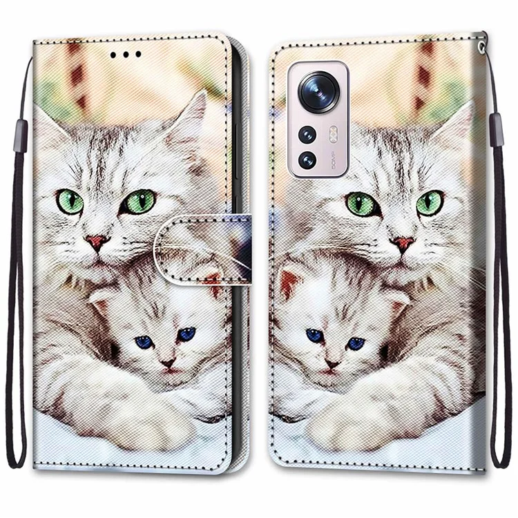 Novel Pattern Printing PU Leather Phone Shell for Xiaomi 12 5G/12X 5G/12S 5G, Folio Flip Wallet Foldable Stand Anti-Collision Leather Case with Strap - B05 Big Cat Hugging Kitten