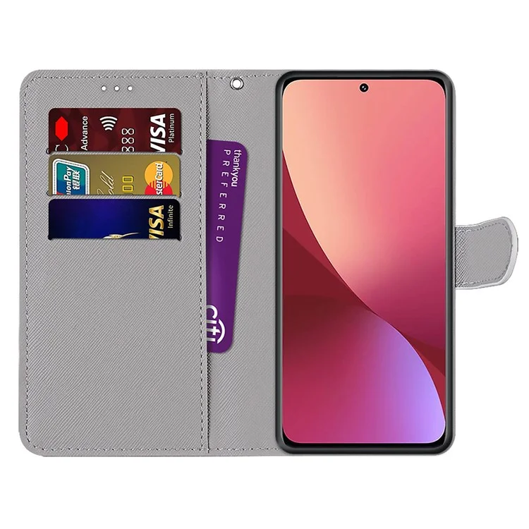 Novel Pattern Printing PU Leather Phone Shell for Xiaomi 12 5G/12X 5G/12S 5G, Folio Flip Wallet Foldable Stand Anti-Collision Leather Case with Strap - B05 Big Cat Hugging Kitten