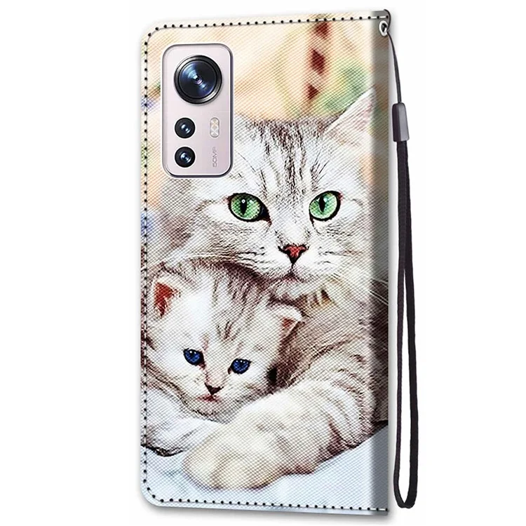 Novel Pattern Printing PU Leather Phone Shell for Xiaomi 12 5G/12X 5G/12S 5G, Folio Flip Wallet Foldable Stand Anti-Collision Leather Case with Strap - B05 Big Cat Hugging Kitten